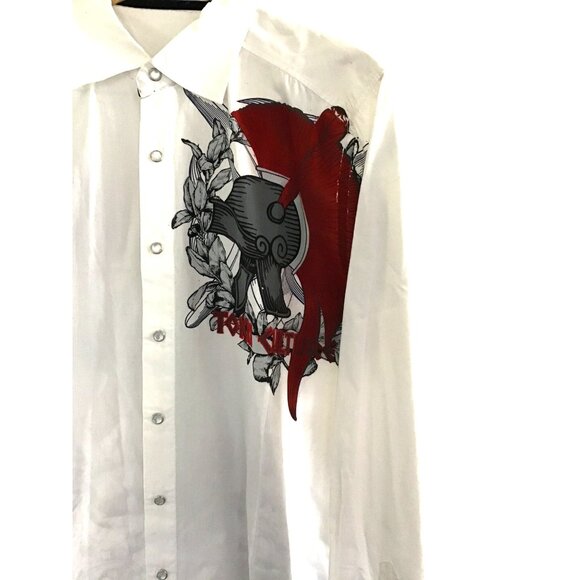 Mens Toku White Long Sleeve Button-Up Shirt With Red & Black Graphic Design Size - Picture 3 of 8